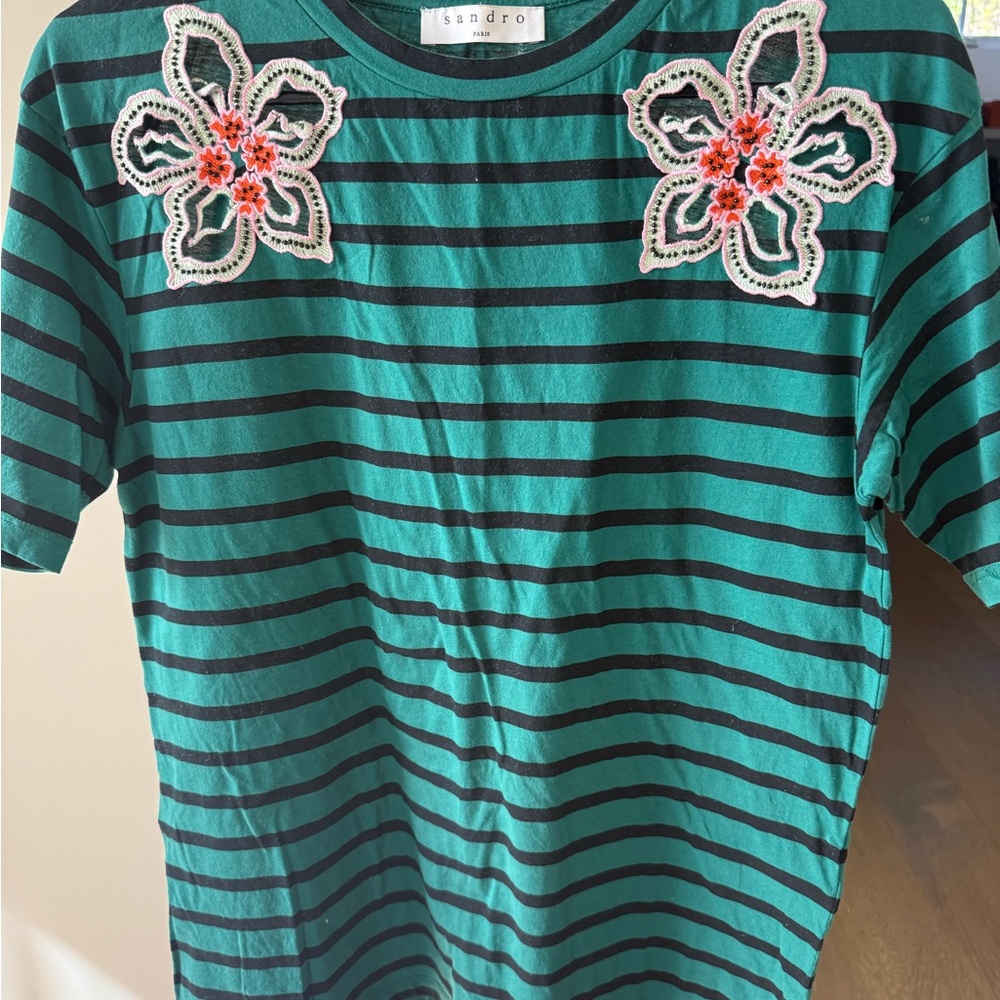 Sandro Green and Black Short Sleeve Tee with Floral Accents